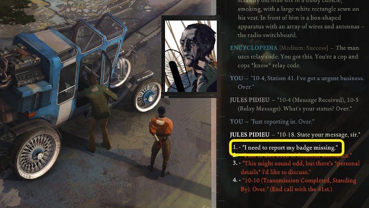 W trakcie rozmowy Kim zaproponuje, że możecie skorzystać z radia w jego samochodzie, by zgłosić brakującą odznakę - Disco Elysium: Zgłoś zaginięcie odznaki - solucja - Disco Elysium - poradnik do gry
