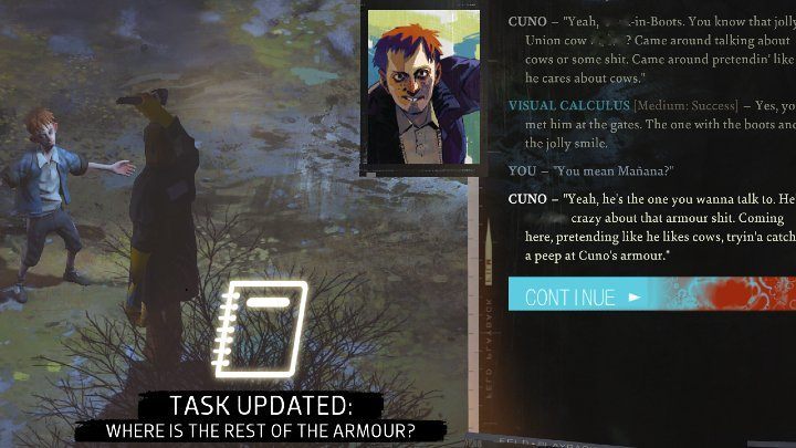 W pierwszej kolejności należy porozmawiać z Cuno - dzieciakiem, który od samego początku rzucał w wisielca kamieniami - Disco Elysium: Znajdź wszystkie części pancerza - solucja - Disco Elysium - poradnik do gry