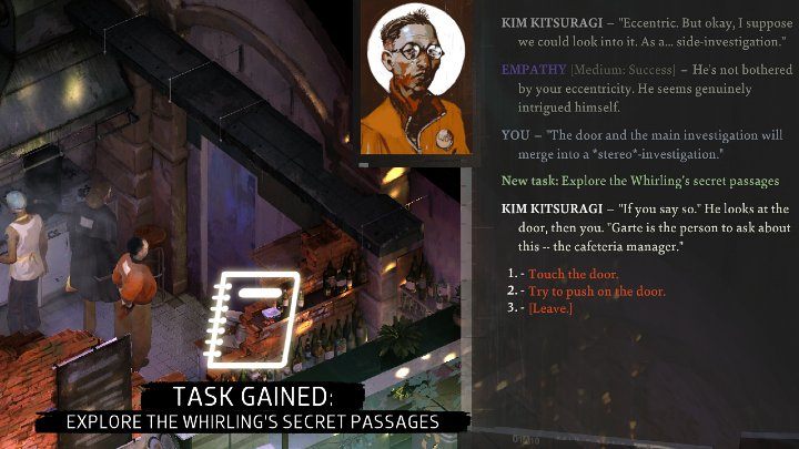 Zadanie to aktywujecie w momencie, gdy wkroczycie do kuchni i wejdziecie w interakcję z drzwiami widocznymi na powyższym obrazku - Disco Elysium: Zbadaj tajne przejścia w Whirling - solucja - Disco Elysium - poradnik do gry