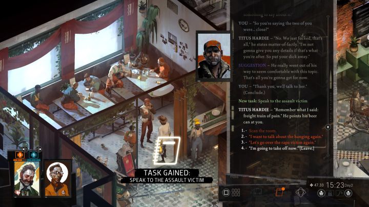 Musicie najpierw zaliczyć zadanie Udowodnij swoją władczość Titusowi - opisaliśmy je na osobnej stronie solucji - Disco Elysium: Porozmawiaj z ofiarą napadu - solucja - Disco Elysium - poradnik do gry