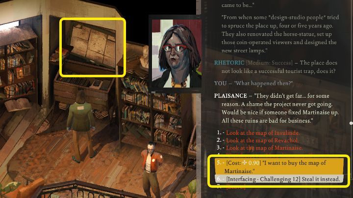 Skieruj się na wyższe piętro i wejdź w interakcję ze starymi mapami, które wiszą na ścianie - zaznaczyliśmy ją na powyższym screenie - Disco Elysium: Jak zdobyć mapę? - Disco Elysium - poradnik do gry