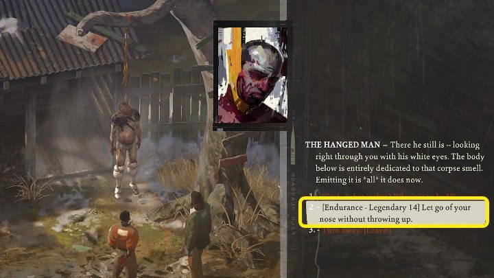 Po zdobyciu amoniaku wróć do wisielca i spróbuj przejść test umiejętności Endurance - Disco Elysium: Jak ściągnąć na dół wisielca (Hanged body)? - Disco Elysium - poradnik do gry