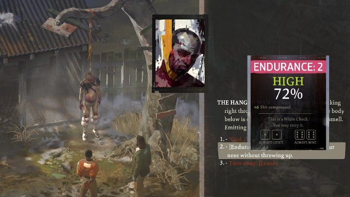 Wróć do wisielca i ponownie spróbuj przejść test Endurance - jak widać na powyższym obrazku, szansa na zaliczenie Skill check jest już naprawdę duża - Disco Elysium: Jak ściągnąć na dół wisielca (Hanged body)? - Disco Elysium - poradnik do gry