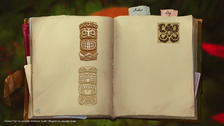 To tiki stoi koło czerwonych kwiatów, koło chatki po lewej stronie lokacji - Call of the Sea: Rozdział 2, Ekspedycja Everharta - notatki - Call of the Sea - poradnik do gry