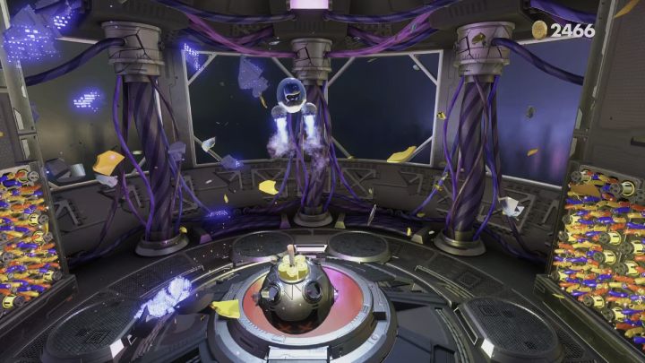 Po rozbiciu żółtego pancerza, zapal lont aby ostatecznie zakończyć walkę - Astros Playroom: Orbital przeszkody - solucja, opis przejścia - Astros Playroom - poradnik do gry