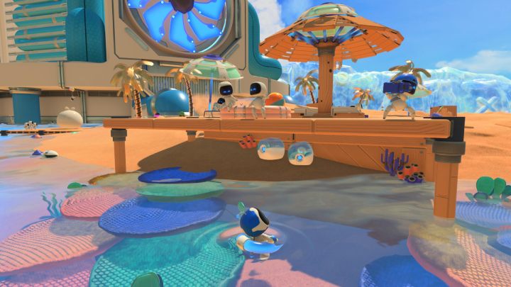 Zeskocz z parasolki i zbierz monety, które leżą pod nią - Astros Playroom: Plaża botów - solucja, opis przejścia - Astros Playroom - poradnik do gry