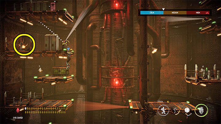 Docieramy do półki z pojedynczym Sligiem - Oddworld Soulstorm: Skradanie się w Overlook Tower, Slig Barracks - solucja - Oddworld Soulstorm - poradnik do gry