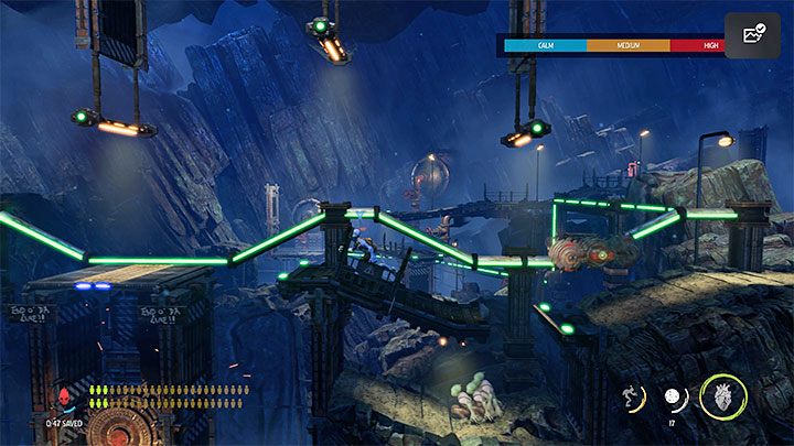 Docieramy do ruchomej platformy, którą możemy wyruszyć w głąb ekranu - Oddworld Soulstorm: Zejście na Poziom 2, The Mines - solucja, opis przejścia - Oddworld Soulstorm - poradnik do gry