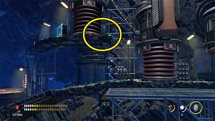 Pozostajemy w miejscu gdzie była ostatnia pułapka i doskakujemy do górnej lewej półki z obrazka - Oddworld Soulstorm: Zejście na Poziom 2, The Mines - solucja, opis przejścia - Oddworld Soulstorm - poradnik do gry