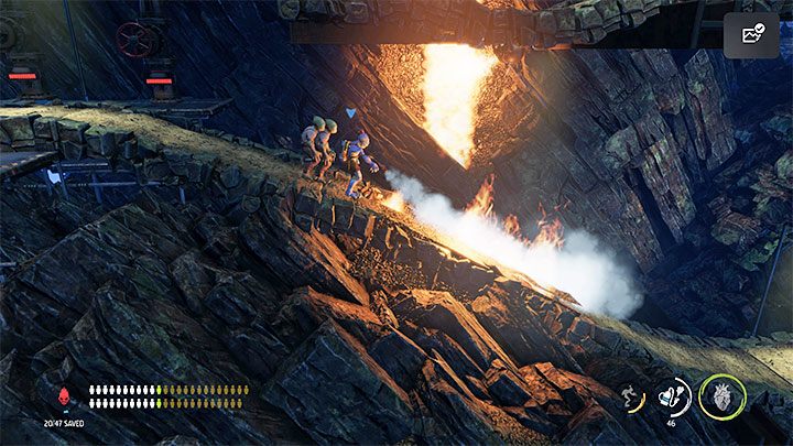 Płomienie blokują dalsze przejście i rozwiązanie tego problemu znajdziemy na górnej półce - Oddworld Soulstorm: Znalezienie drogi na Poziom 3, The Mines - solucja - Oddworld Soulstorm - poradnik do gry