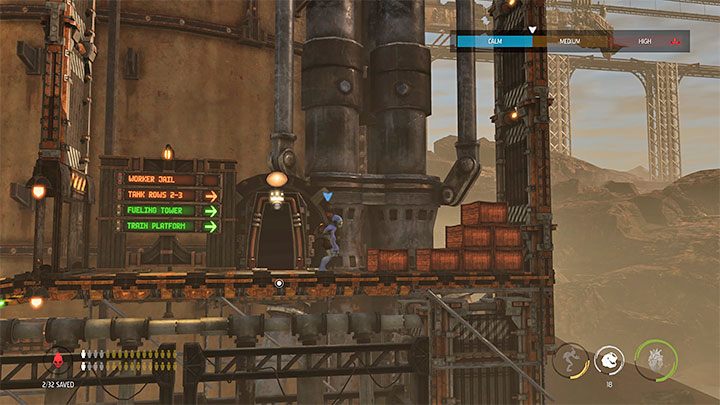 Główny bohater dotrze wkrótce do nowego koła Work Wheel, ale zanim go użyjemy upewniamy się, że nikt nie zmierza w tę stronę - Oddworld Soulstorm: Dotarcie do wieży Fueling Tower, Phat Station - solucja - Oddworld Soulstorm - poradnik do gry