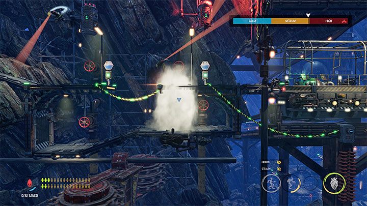 W dolnej lokacji unikamy wykrycia przez dwa skanery przymocowane do obracającej się miny - Oddworld Soulstorm: Ominięcie ochrony, Necrum - solucja, opis przejścia - Oddworld Soulstorm - poradnik do gry