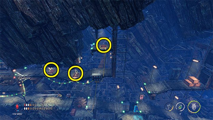 Naszym nowym zadaniem jest jednoczesne naciśnięcie 3 płyt naciskowych - zaznaczyliśmy je na powyższym obrazku - Oddworld Soulstorm: Ominięcie ochrony, Necrum - solucja, opis przejścia - Oddworld Soulstorm - poradnik do gry