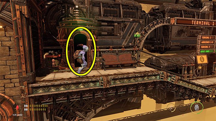 Zanim opuścimy to miejsce wciskamy przycisk pokazany na obrazku 1 - Oddworld Soulstorm: Odblokowanie platformy w Workzone 1, Feeco Depot - solucja - Oddworld Soulstorm - poradnik do gry