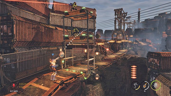 Po znalezieniu się pod wieżą ze snajperami wciskamy przycisk żeby odblokować przejście - Oddworld Soulstorm: Dotarcie dźwigiem do Security Station, The Yards - solucja - Oddworld Soulstorm - poradnik do gry