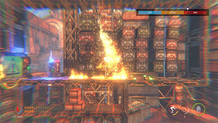Schodzimy po słupie i zbliżamy się do płonącej półki - Oddworld Soulstorm: Dotarcie dźwigiem do Security Station, The Yards - solucja - Oddworld Soulstorm - poradnik do gry