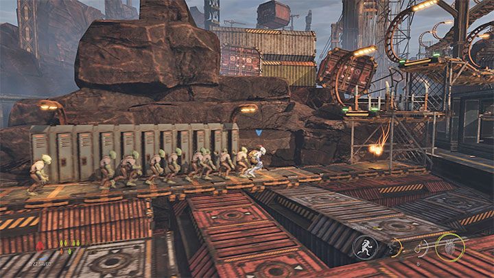 Wkrótce dotrzemy do obszaru patrolowanego przez maszynę z wielkim uśmiechem - Oddworld Soulstorm: Dotarcie dźwigiem do Security Station, The Yards - solucja - Oddworld Soulstorm - poradnik do gry