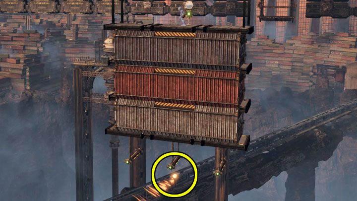 Po tym jak pokonamy wszystkie Sligi i wisząca platforma zatrzyma się ustawmy się na lewym lub prawym końcu platformy i zacznijmy opuszczać się - Oddworld Soulstorm: Wspinaczka na dźwig Loading Crane, The Yards - solucja - Oddworld Soulstorm - poradnik do gry