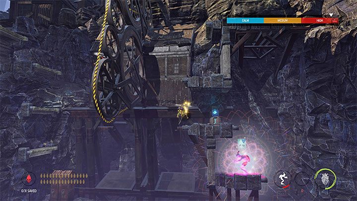 W lewym górnym obszarze po raz pierwszy spotkamy latającego przeciwnika Flying Slig - Oddworld Soulstorm: Przekroczenie doliny windą, Sorrow Valley - solucja - Oddworld Soulstorm - poradnik do gry