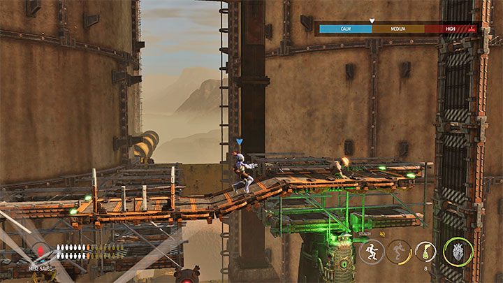 Zostawiamy prowadzone Sligi na lewym końcu obszaru z przeciwnikami i w pojedynkę wyruszamy ku prawym górnym półkom - Oddworld Soulstorm: Przeprawa przez Tank Row 3D, Phat Station - solucja - Oddworld Soulstorm - poradnik do gry
