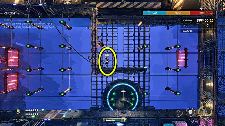 Musimy dotrzeć do obszaru nad dźwignią, w którym znajduje się przycisk - Oddworld Soulstorm: Więzienia Holding Pen 5-1, Escape - solucja - Oddworld Soulstorm - poradnik do gry