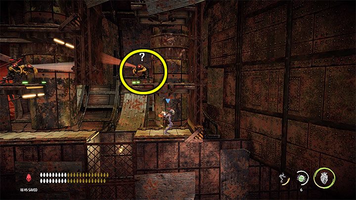 Po użyciu pierwszego Fizzy Pow musimy skierować się w prawo i wyeliminować pojedynczego Sliga okupującego górną półkę - pokazaliśmy go na obrazku - Oddworld Soulstorm: Klucze - lista wszystkich - Oddworld Soulstorm - poradnik do gry