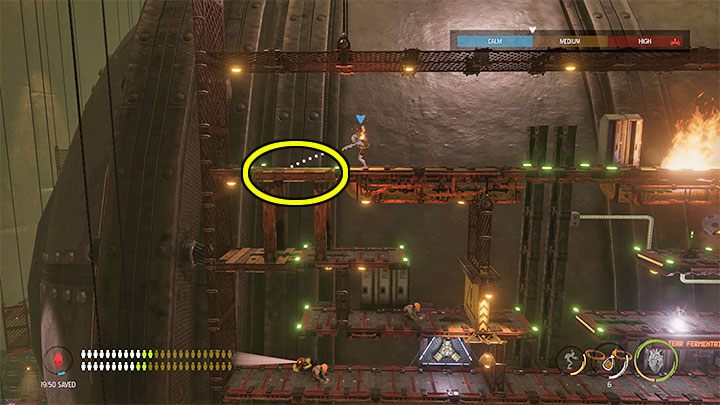 Do zbadania jest jeszcze lewa część komnaty i rozpoczynamy ją od najwyższego poziomu - Oddworld Soulstorm: Aktywowanie 5 komór Brewing Chambers - solucja - Oddworld Soulstorm - poradnik do gry