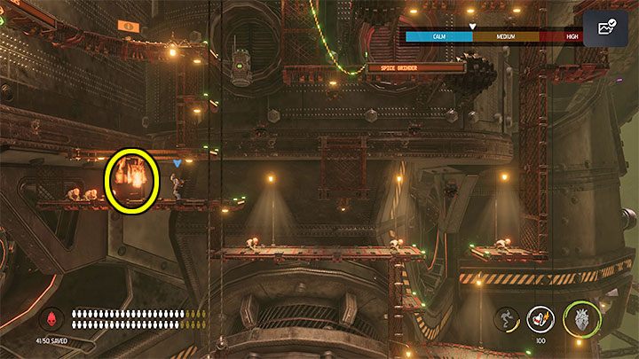 Musimy rozpocząć w miejscu, w którym zaliczyliśmy zagadkę z latającym Sligiem z lokacji Spice Grinder - Oddworld Soulstorm: Finałowy boss, Eye of the Storm - solucja, jak pokonać - Oddworld Soulstorm - poradnik do gry