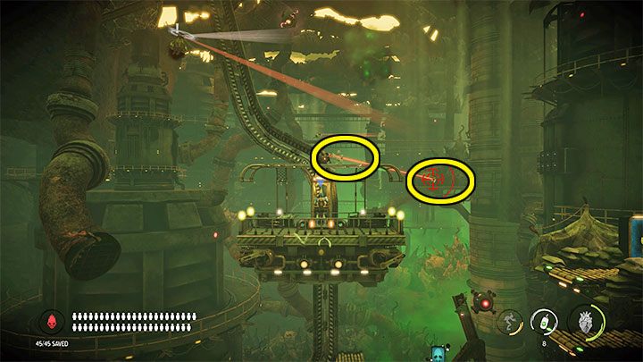 Nakazujemy platformie wyruszyć dalej w górę dopiero gdy uratowaliśmy 100% Mudokonów z tej misji - Oddworld Soulstorm: Dotarcie windą do Comms Tower, Slig Barracks - solucja - Oddworld Soulstorm - poradnik do gry