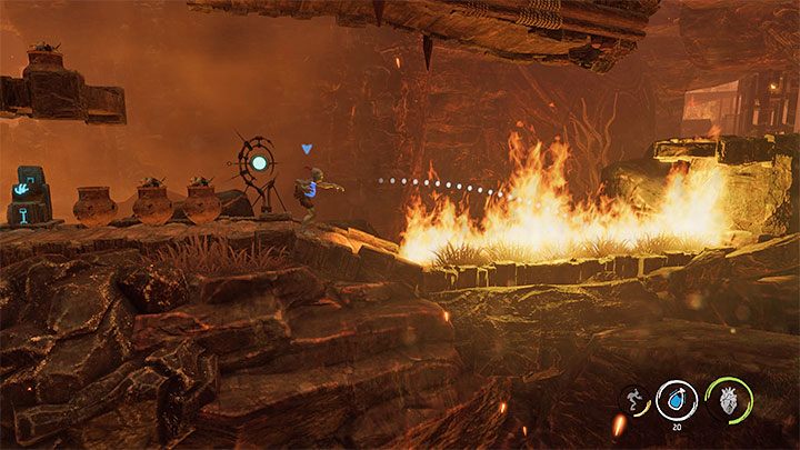 Obok kolejnego checkpointu znajdziemy pierwsze interaktywne pojemniki - można je badać wciskając Kwadrat - Oddworld Soulstorm: Ucieczka z płonącej jaskini, The Raid on Monsaic - solucja - Oddworld Soulstorm - poradnik do gry