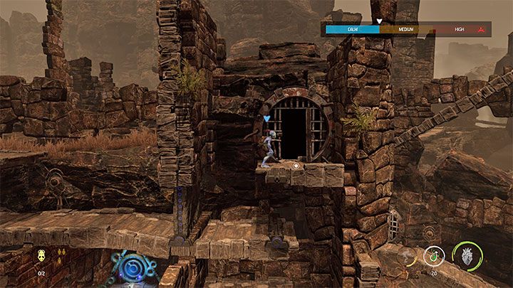 Po dotarciu do dzwona posyłamy w jego stronę sferę Chi Orb, by odblokować przejście - Oddworld Soulstorm: Uwolnienie przygwożdżonych Mudokonów, The Ruins - solucja - Oddworld Soulstorm - poradnik do gry