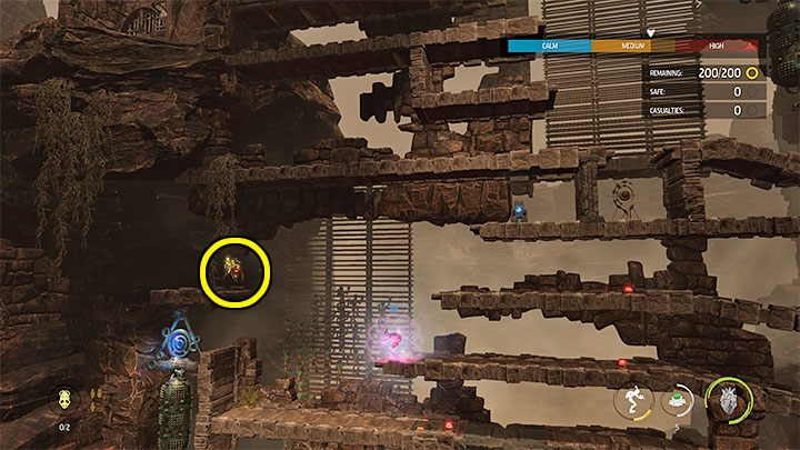 Po rozpoczęciu starcia skupmy się na opętaniu Sliga z lewej górnej półki zaznaczonej na obrazku - Oddworld Soulstorm: Ochranianie innych Mudokonów, The Ruins - solucja - Oddworld Soulstorm - poradnik do gry
