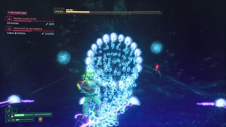 Gdy Ophion stworzy wiele małych portali to znak, że zaraz wystrzeli w kierunku Selene falę szybko lecących kul, które są po części naprowadzane - Returnal: Ophion - boss, jak pokonać? - Returnal - poradnik do gry