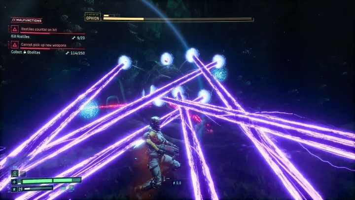 W trzeciej fazie pojedynku Ophion zmodyfikuje nieco atak laserami i tym razem będzie mógł nimi nieco sterować, przede wszystkim na boki - Returnal: Ophion - boss, jak pokonać? - Returnal - poradnik do gry
