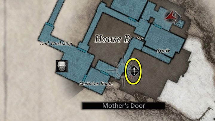 Musicie teraz dotrzeć do pokazanych na powyższych obrazkach drzwi Mothers Door, które sąsiadują z pomieszczeniem ze zlewem - Resident Evil Village: House Beneviento, Zagadka z bezpiecznikiem - rozwiązanie - Resident Evil Village - poradnik do gry