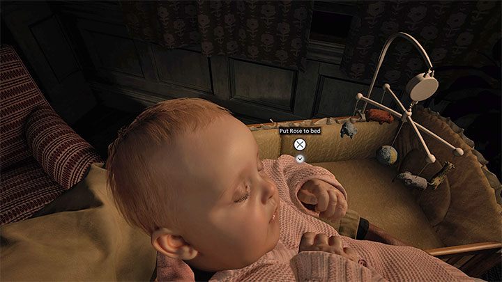 Na górze możecie skupić się na dotarciu z Rose do łóżeczka i położeniu jej do snu, bądź też rozejrzeć się dodatkowo po okolicy - Resident Evil Village: Prolog - Ethan, Mia i Rose - solucja, opis przejścia - Resident Evil Village - poradnik do gry