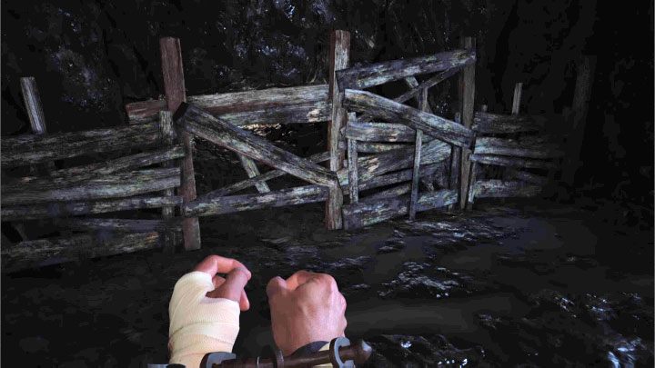 Po dotarciu do małej drewnianej barykady wciśnijcie przycisk interakcji żeby ją szybko zniszczyć - Resident Evil Village: Ucieczka w kopalni/A Mine - solucja, opis przejścia - Resident Evil Village - poradnik do gry