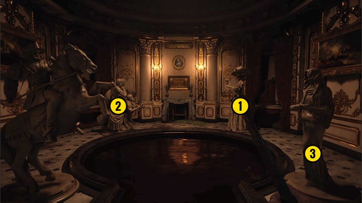 Dotrzecie do pomieszczenia Hall of Ablution, w którym trzeba rozwiązać zagadkę z 4 statuami, które można obracać w lewo lub w prawo - Resident Evil Village: Eksploracja dziedzińca, okolic/Castle Courtyard - solucja - Resident Evil Village - poradnik do gry