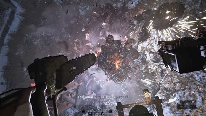 Po tym jak zadacie bossowi dostatecznie duże obrażenia Heisenberg wytworzy swego rodzaju tornado, które przyciągnie czołg - Resident Evil Village: Pokonanie Prototype Sturm i Heisenberga - solucja - Resident Evil Village - poradnik do gry