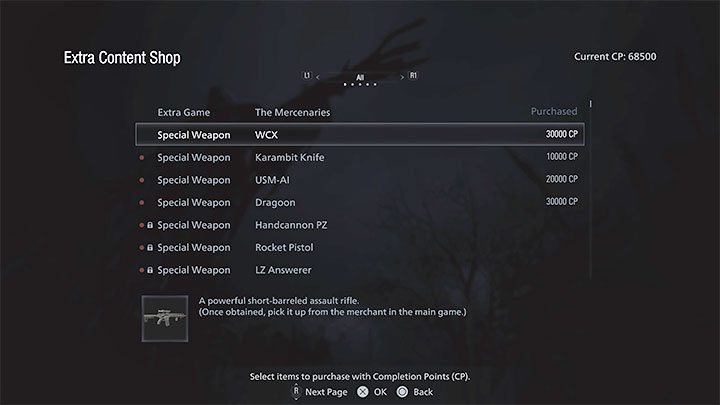 Po ukończeniu Resident Evil Village po raz pierwszy (niezależnie od ustawionego poziomu trudności) uzyskacie dostęp do sklepu Extra Content Shop, który odwiedza się z poziomu menu głównego - Resident Evil Village: Bronie - lista wszystkich, znajdźki - Resident Evil Village - poradnik do gry
