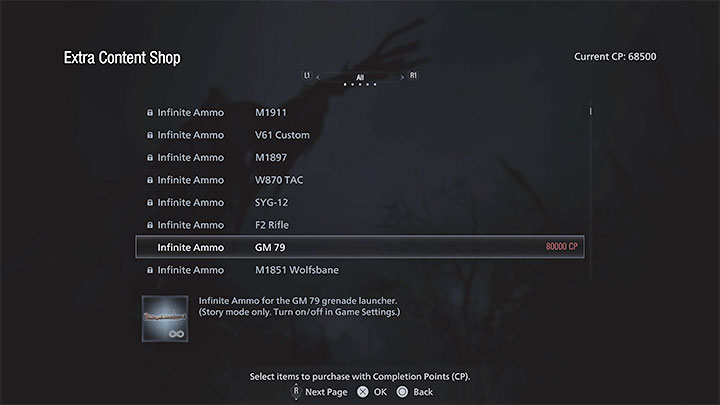 W sklepie Extra Content Shop oprócz kupowania nowych broni możecie odblokowywać nieskończoną ilość amunicji (Infinite Ammo) do tych broni, które już posiadacie - Resident Evil Village: Bronie - lista wszystkich, znajdźki - Resident Evil Village - poradnik do gry