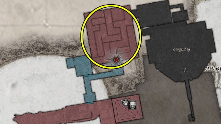 Do właściwego pojedynku z bossem dojdzie po dotarciu do zaznaczonego na obrazku pomieszczenia na poziomie B1 - Resident Evil Village: Prototype Sturm - boss, jak pokonać? - Resident Evil Village - poradnik do gry