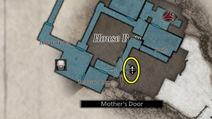 Musicie teraz dotrzeć do pokazanych na powyższych obrazkach drzwi Mothers Door, które sąsiadują z pomieszczeniem ze zlewem - Resident Evil Village: Wydostanie się z piwnicy - solucja, opis przejścia - Resident Evil Village - poradnik do gry