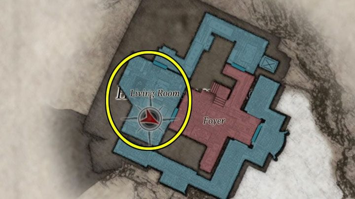 Druga kryjówka bossa to pomieszczenie dzienne Living Room zlokalizowane blisko schodów - Resident Evil Village: Pokonanie Donny Beneviento i powrót do wioski - solucja - Resident Evil Village - poradnik do gry