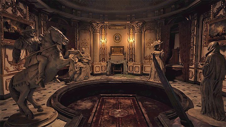 Jeśli prawidłowo zaliczyliście zagadkę to środkowy zbiornik zostanie opróżniony z wody i tym samym zostanie odblokowane zejście do lochu - Resident Evil Village: Zagadka z 4 posągami - rozwiązanie - Resident Evil Village - poradnik do gry