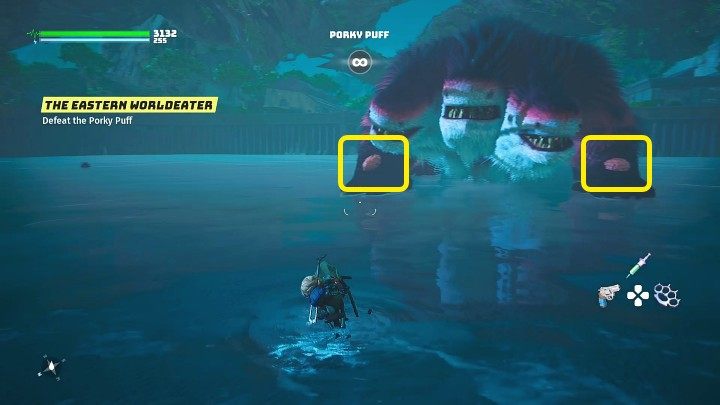W trakcie pierwszej fazy pojedynku atakujcie wrażliwe punkty bossa, aby wyrządzić mu obrażenia - Biomutant: Puchcio Chrum/Porky Puff - jak pokonać? - Biomutant - poradnik do gry