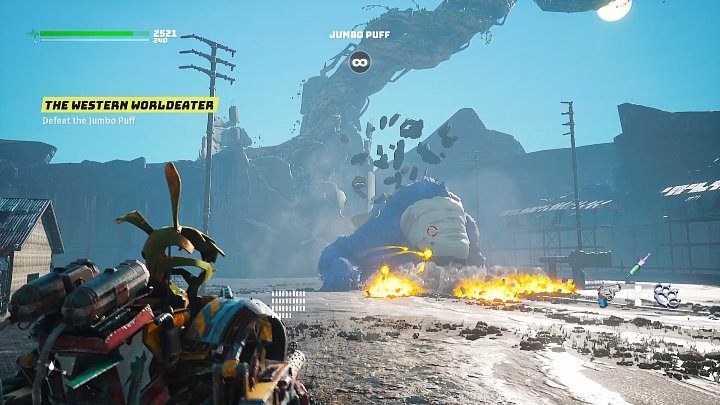 Po każdej sekwencji z głazami boss zeskoczy na arenę i wywoła trzy ogniste fale, które będą rozchodzić się w różnych kierunkach - Biomutant: Puchcio Wielguch/Jumbo Puff - jak pokonać? - Biomutant - poradnik do gry