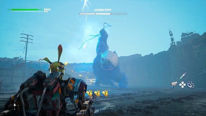 Na początku drugiej fazy pojedynku Puchcio Wielgów zerwie linię wysokiego napięcia i zacznie wykorzystywać elektryczny kabel, jak broń - Biomutant: Puchcio Wielguch/Jumbo Puff - jak pokonać? - Biomutant - poradnik do gry