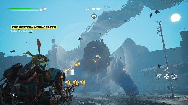 Gdy boss otworzy paszczę i zacznie zasysać powietrze, skorzystajcie z wyrzutni skipów, aby przerwać atak - Biomutant: Puchcio Wielguch/Jumbo Puff - jak pokonać? - Biomutant - poradnik do gry