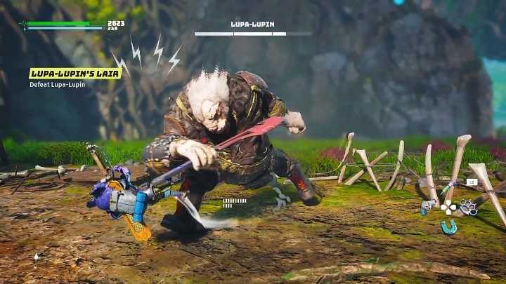 Pomimo swoich ogromnych rozmiarów Lupa-Lipin jest bardzo zwinnym przeciwnikiem i może zaszarżować na Waszego bohatera - Biomutant: Lupa-Lupin, 1 starcie - jak pokonać? - Biomutant - poradnik do gry